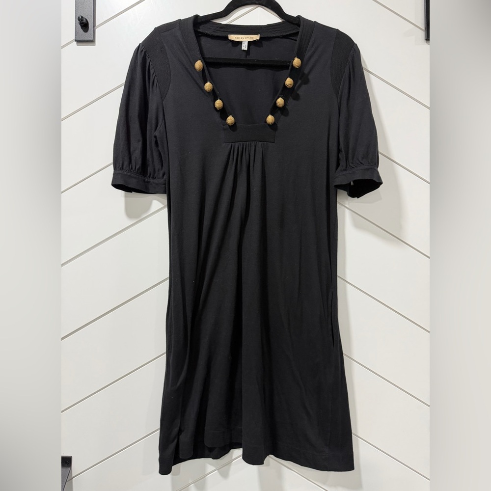 See By Chloe Black Cotton Wool Blend Jersey Knit Gold Accent Shift Dress Beaded